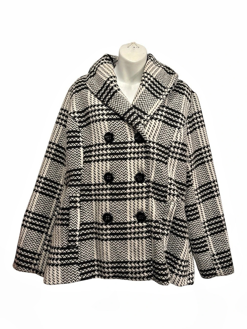 Rampage Houndstooth Pea Coat in Black & White Size Large